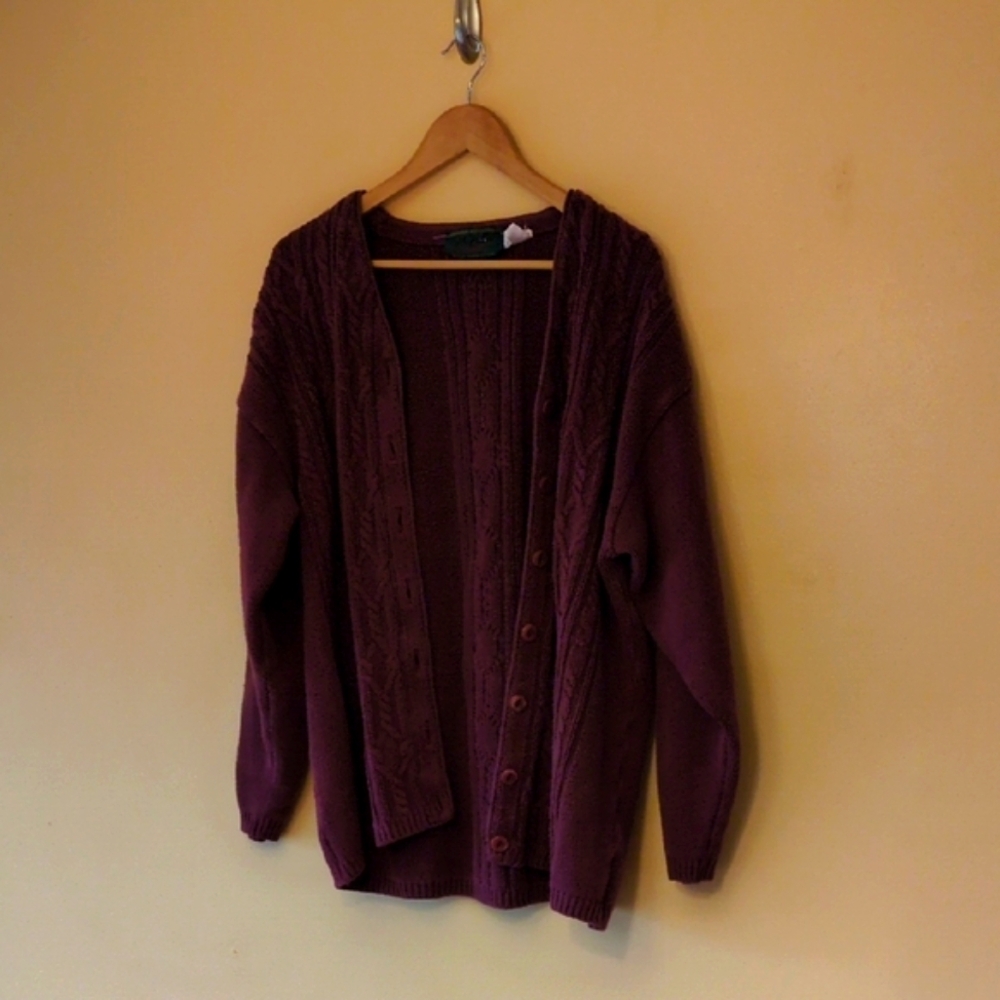 burgundy cable-knit sweater